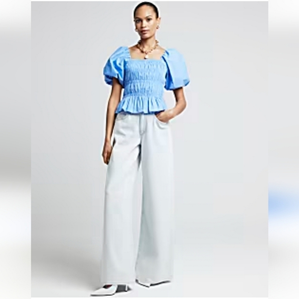 Smocked Squareneck Peasant Blouse (Blue S)